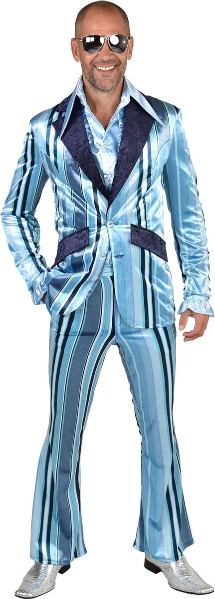 Hippie Kostuum | Mr Fine Stripe Jaren 70 Pak Blauw Man | Medium | Carnaval kostuum | Verkleedkleding